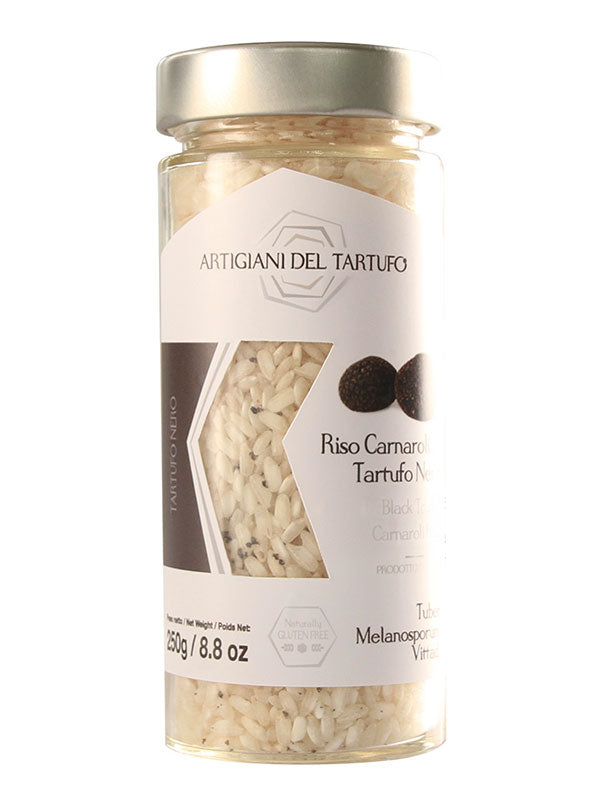 Carnaroli-Reis mit schwarzem Trüffel – der 'König der Reissorten' aus Italien verfeinert mit feinem schwarzen Trüffel, beliebt in der italienischen Küche und weltweit geschätzt, glutenfrei, ideal für einzigartige Reisgerichte