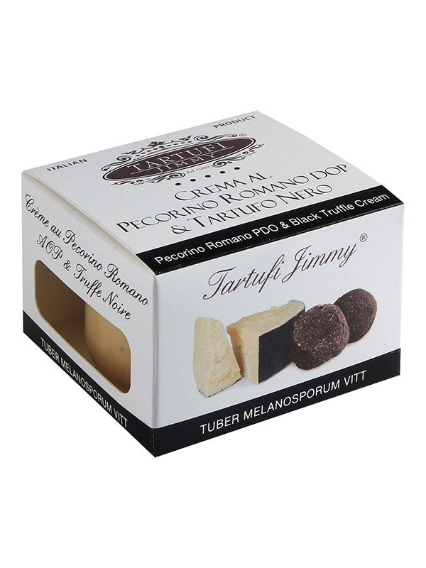 Pecorino Romano DOP Creme & Schwarzer Trüffel in edler Geschenkverpackung, verfeinert mit hochwertigem Tartufo Nero Pregiato. Ideal für Risottos und Fleischgerichte.