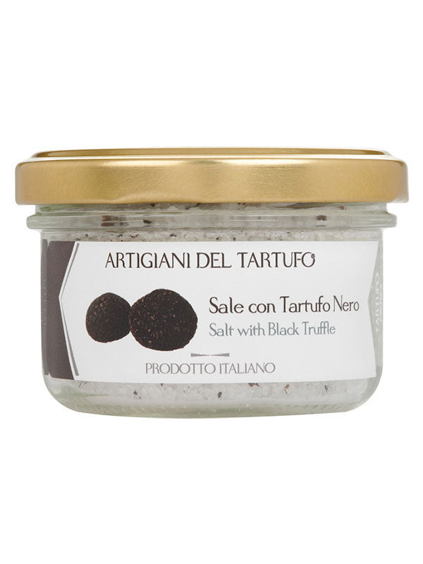 Salz mit schwarzem Trüffel – eine exquisite Mischung aus feinem Meersalz und einem Hauch von weißen Trüffeln, darunter Bianchetto-Trüffel (Tuber Borchii oder Albidum Pico) und weißer Trüffel (Tuber Magnatum Pico). Perfekt, um Fischgerichten, Fleischgerichten, gegrilltem Gemüse, Salaten und Beilagen eine besondere Note zu verleihen.
