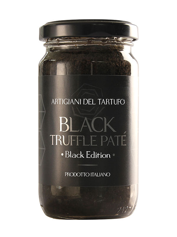Schwarze Trüffelpastete – intensive schwarze Sauce mit raffiniertem Trüffelgeschmack, hergestellt aus Wiesenchampignons und Sommertrüffeln, ideal, um Ihren Gerichten einen einzigartigen Kick zu verleihen